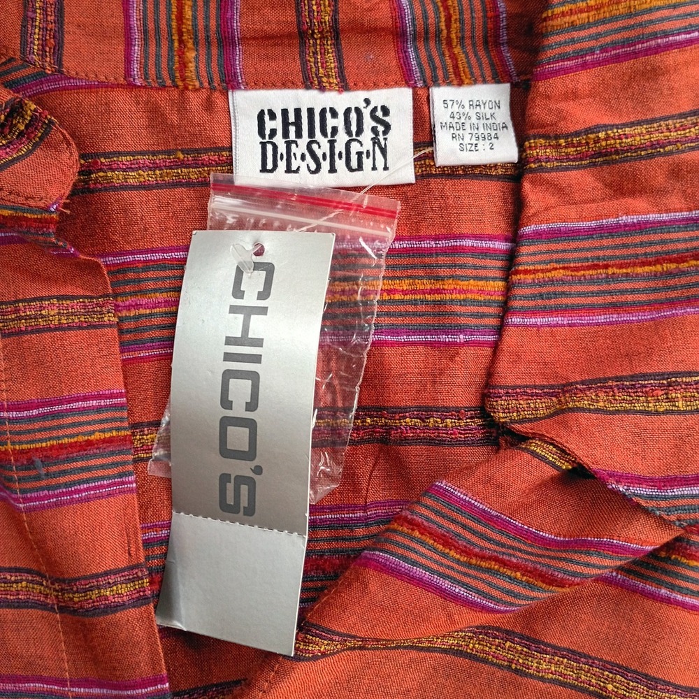 Chicos Design Inca Stripe Silk Blend Button Down Shirt Vtg Orange Multi Size 2 - Picture 6 of 8